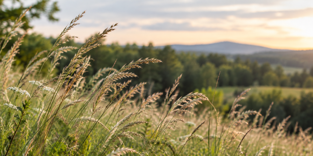 Meadow grasses gently moving in the breeze, representing mindful breathing, stress reduction, and relaxation.